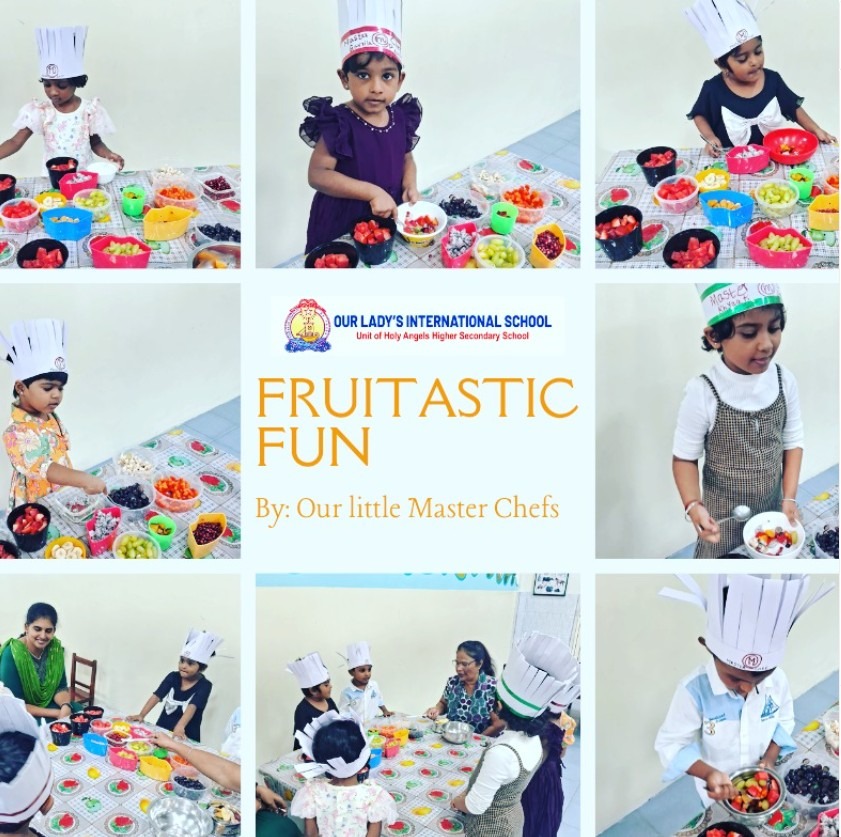 Young chefs preparing fruit salad