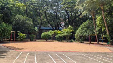 The open ground, marked out for sports