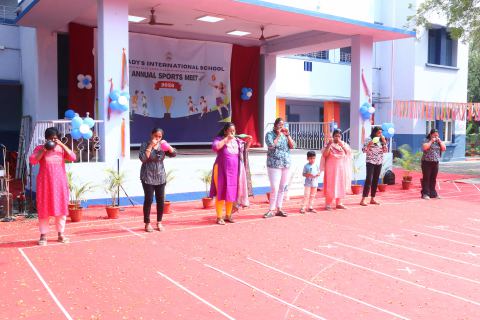 On stage with the children